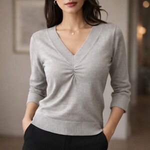 Worthington Silk Blend V-Neck Ruched Sweater Gray 3/4 Sleeve Y2K Office Siren M